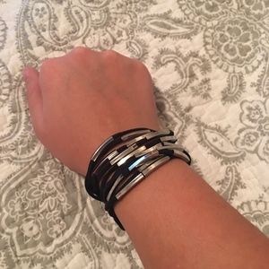 Black suede bracelet with silver bars